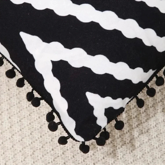 Black & White Pom Pom Decor Cushion Cover Without Filler - Picture 2 of 4